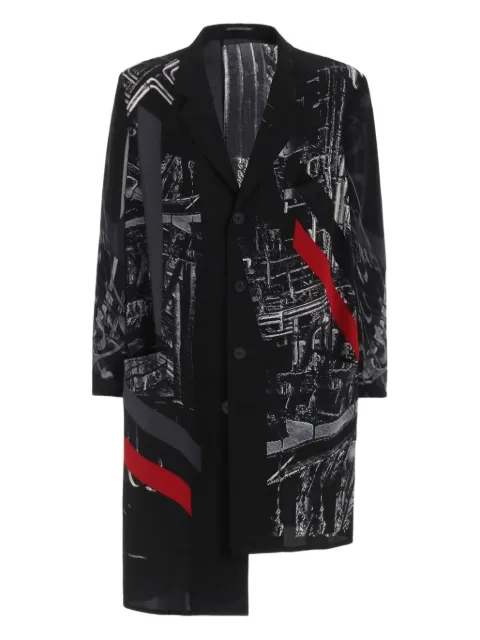 Yohji Yamamoto Thunder asymmetric printed coat Black HPJ60806