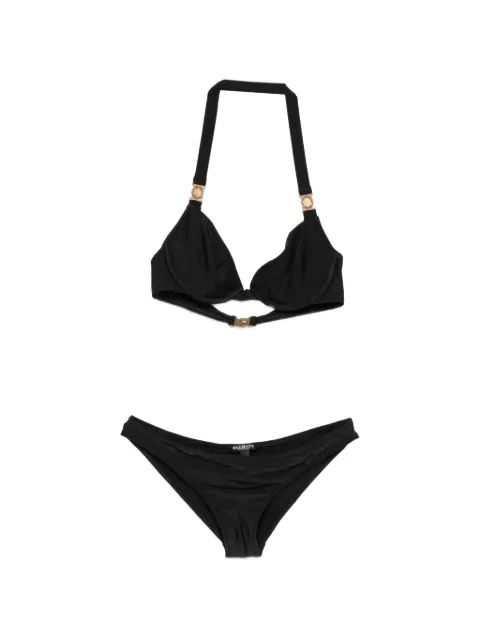 Balmain logo-plaque halterneck bikini top Black JQ00200CB51