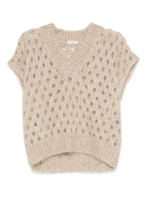 Brunello Cucinelli V-neck open-knit vest Neutrals MNA326502CMG59