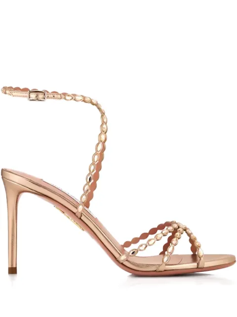 Aquazzura 85mm Love Struck scalloped strap metallic sandals Gold LSKMIDS0NPL