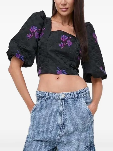 Custommade puff-sleeve floral-embroidered top Black 999442258