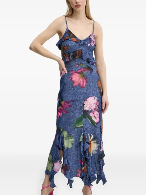 Desigual ruffled floral-print asymmetrical-hem dress Blue 25SWVK16