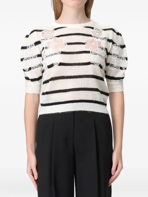 TWINSET striped floral-detail T-shirt Neutrals 252TP3251