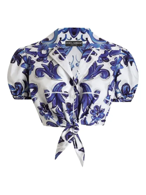 Dolce & Gabbana Majolica-print puff-sleeve top Blue I5655WFI5JP