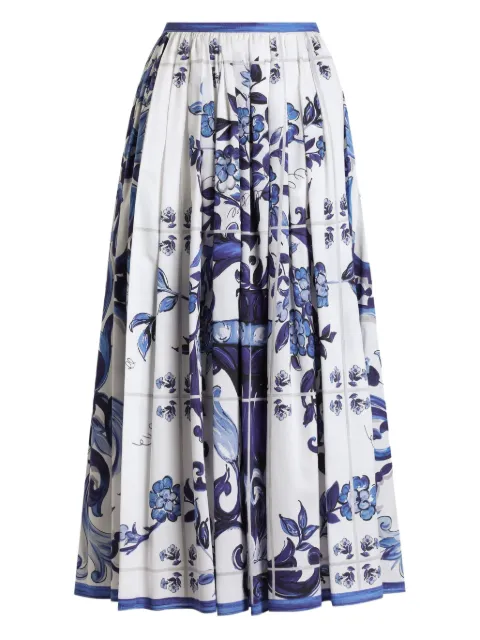 Dolce & Gabbana Majolica-print long cotton satin skirt Blue I4O19WHS5T2