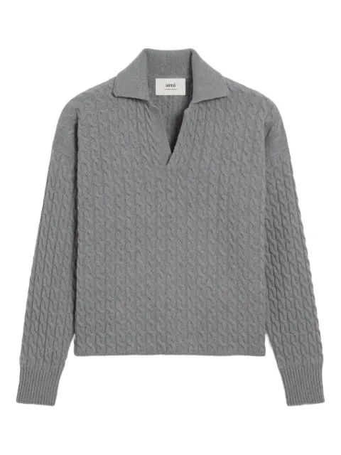 AMI Paris cable-knit wool polo shirt Grey H25UPL403KN0104