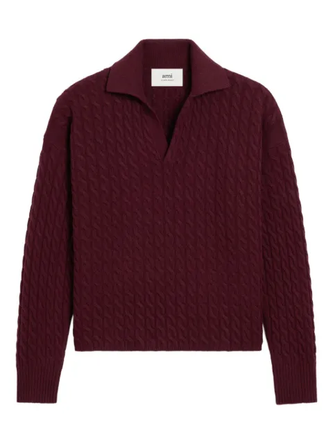 AMI Paris cable-knit wool polo shirt Red H25UPL403KN0104