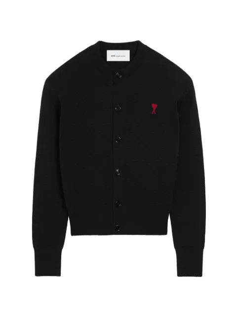 AMI Paris black crewneck wool cardigan with Ami de Coeur Black H26FKC361001