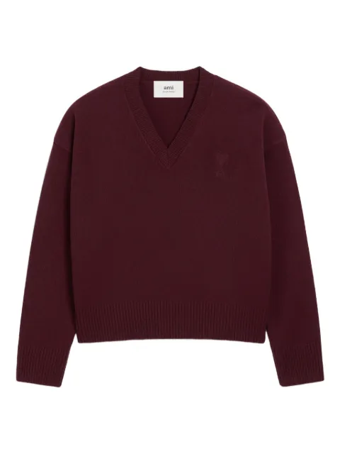AMI Paris Ami De Coeur V-Neck wool sweater Red H25UKS820KN0071