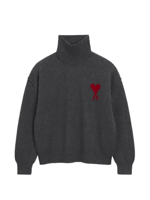 AMI Paris grey funell neck wool sweater with Ami De Coeur Grey H26UKS839018