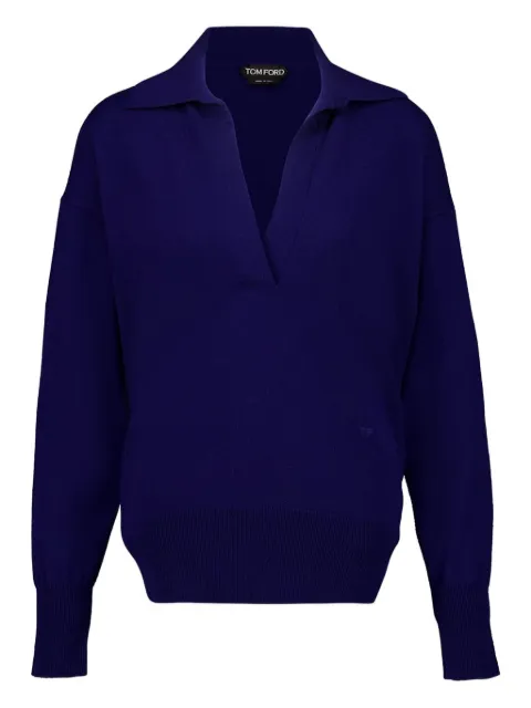 TOM FORD polo V-neck cashmere knit top Blue MAK1391YAX899