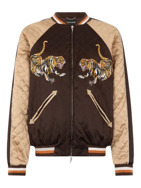 Roberto Cavalli tiger-embroidered quilted bomber jacket Brown VRT463KU034