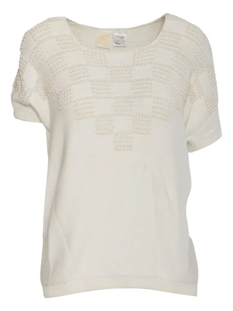Krizia Pre-Owned pearl-embellished knit T-shirt White CVM2190331C