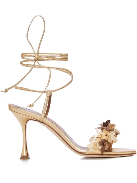 Manolo Blahnik 90mm Anista flower-embellished lace-up sandals Yellow 2251768GOLD
