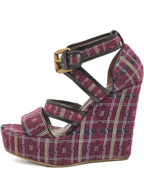 Etro Pre-Owned 130mm plaid wedge sandals Pink 1079593
