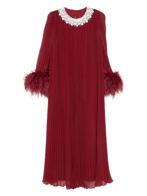 Self-Portrait feather-trimmed chiffon midi dress Red SC25032MBU