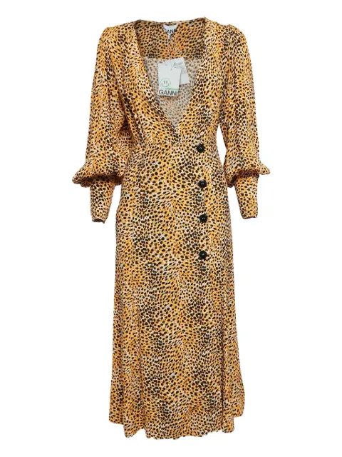 GANNI pre-owned puff-sleeve leopard-print midi dress Yellow 1046555