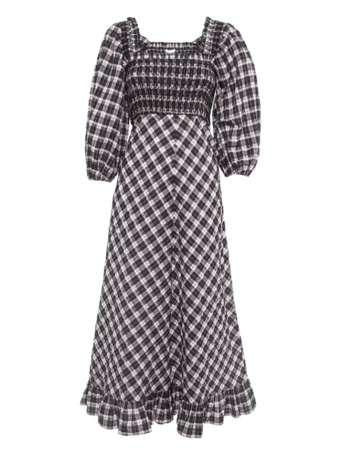 GANNI 2020 pre-owned smocking plaid midi dress Black 961394
