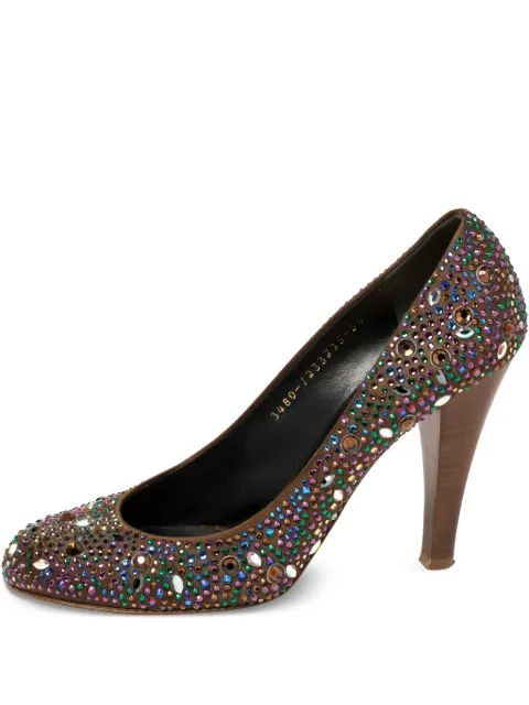 Gina pre-owned 100mm round-toe crystal-embellishments pumps Brown 383840