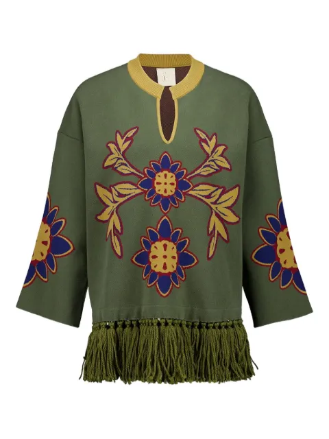 PAULA fringe-embellished floral tunic Green JADE4