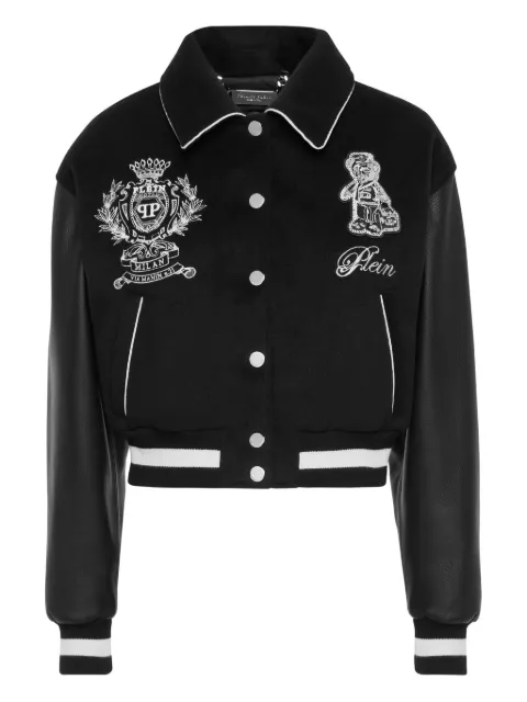 Philipp Plein leather-sleeve logo-embroidered bomber jacket Black FAECWLB1171PLE131N