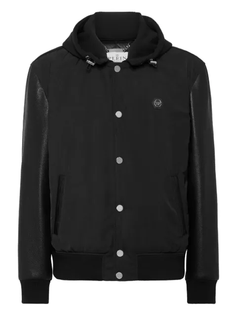 Philipp Plein leather-sleeve hooded bomber jacket Black FAECMLB1976PLE010N