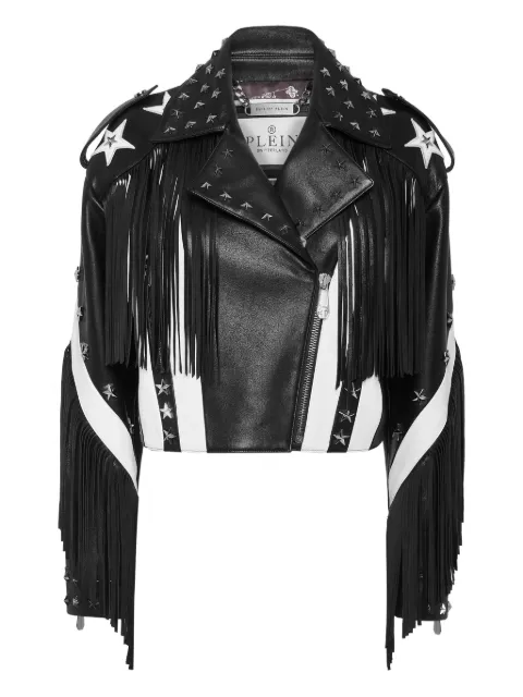 Philipp Plein Moon biker leather with fringes jacket Black AAECWLB1177PLE010N