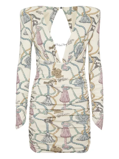 Philipp Plein tassel-print long-sleeve mini dress Neutrals FAECWRG3476PJY002N