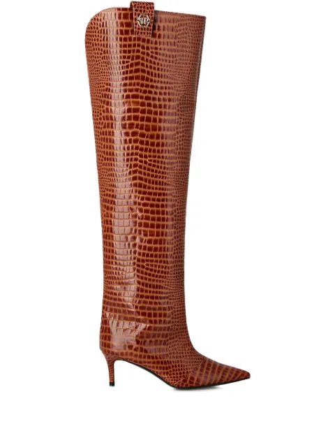 Philipp Plein low heel overknee boots cocco print Brown AAESWSE0948PLE010N