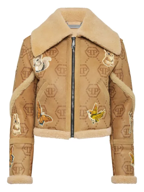 Philipp Plein monogram embroidered shearling jacket Neutrals AAECWLB1188PLE010N