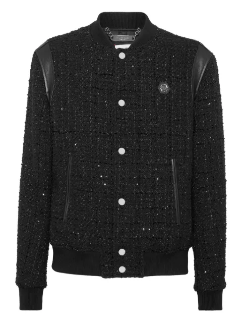 Philipp Plein sequin-embellished leather-trimmed bomber jacket Black AAECMRB2852PTE003N