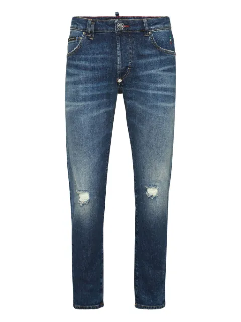 Philipp Plein distressed logo-plaque jeans Blue AAECMDT4235PDE004N