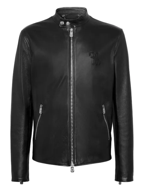 Billionaire embroidered zip-fastening leather jacket Black OAECMLB2006BLE029N