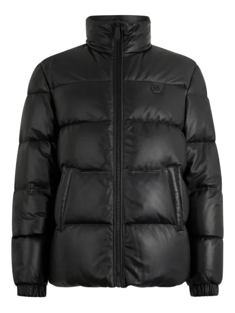 Philipp Plein logo-patch leather puffer jacket Black AAECMLB1979PLE010N