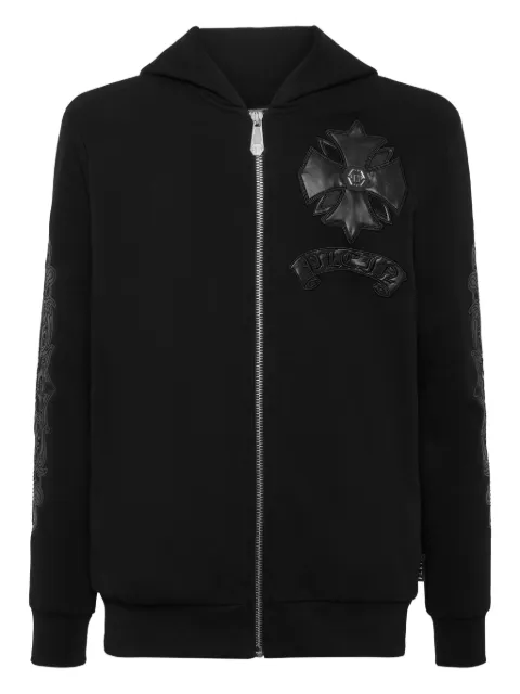 Philipp Plein leather-insert crest-zip hoodie Black AAECMJB3852PTE003N