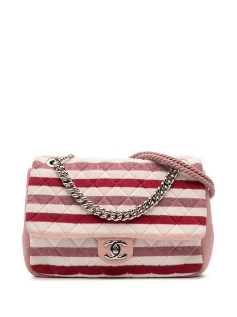 CHANEL Pre-Owned 2018-2019 Jumbo Stripe Jersey Felt and Rope Flap satchel White P3L9T8QT8LCKL5OW