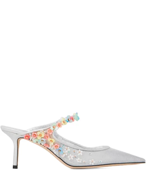 Jimmy Choo 65mm Bing Daisy-embellished mesh mules Silver BINGDAISY65GHM