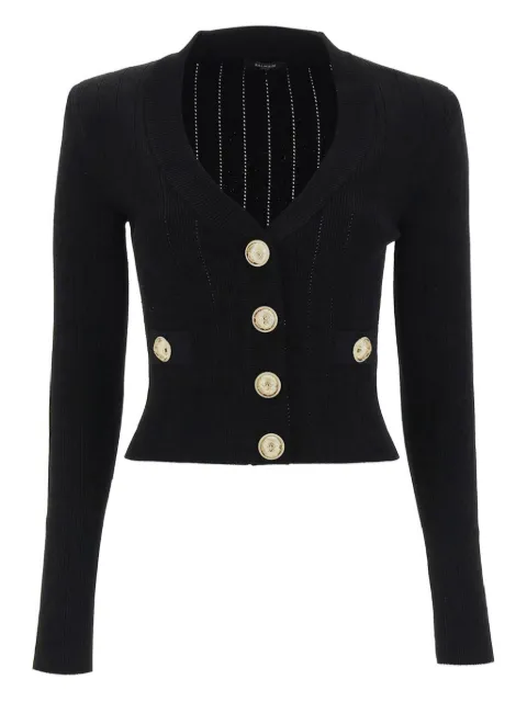 Balmain crop knit gold-button cardigan Black DF1KL007KB07