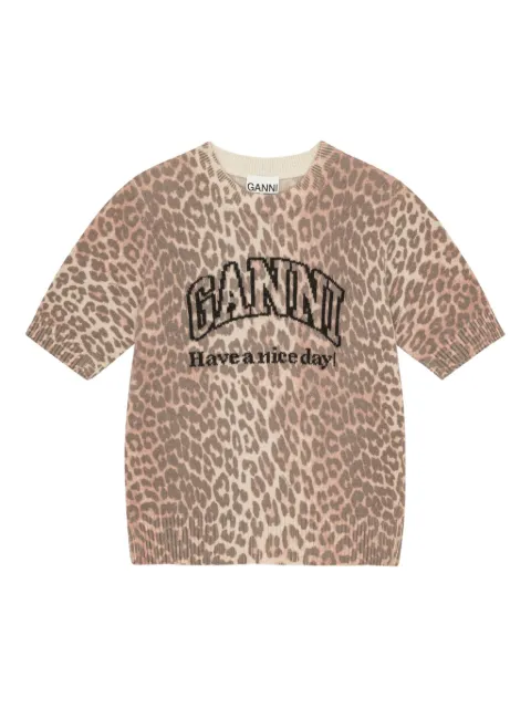 GANNI intarsia-knit logo T-shirt Neutrals K2500