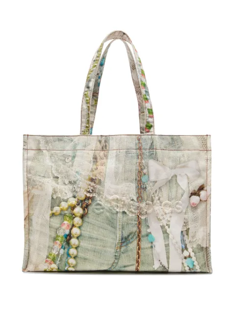 Acne Studios lace-trimmed printed tote bag Green C10245
