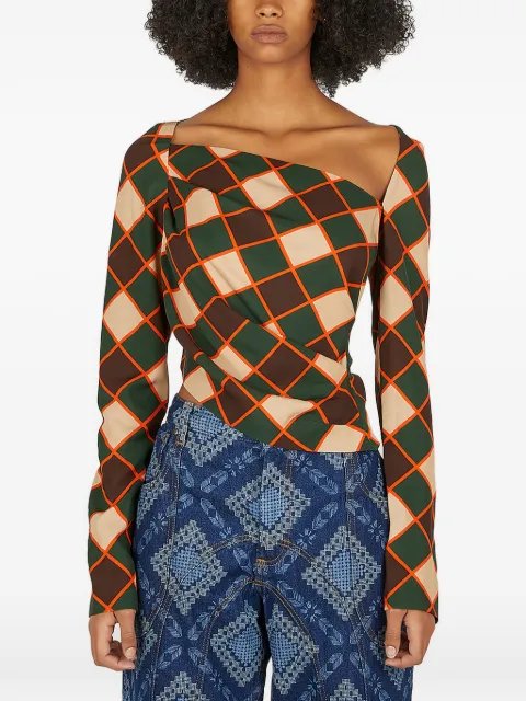 Ahluwalia asymmetric graphic long-sleeve blouse Green WAHLUTO004AW22FA42MC