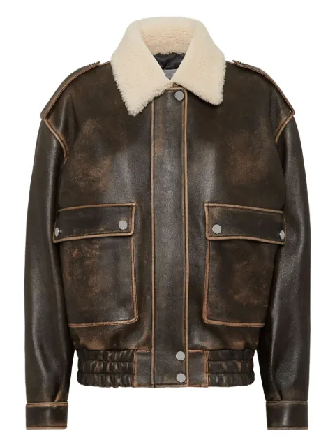 Philipp Plein leather aviator jacket with shearling collar signature Brown FAECWLB1157PLE140F