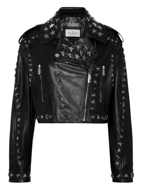 Philipp Plein leather biker jacket star studs Black FAECWLB1169PLE010N