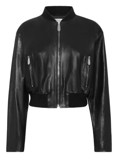 Philipp Plein cropped leather bomber jacket Black FAECWLB1168PLE010N