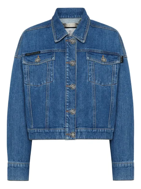 Philipp Plein denim cropped jacket crystal fringes Blue FAECWDB0659PDE004N