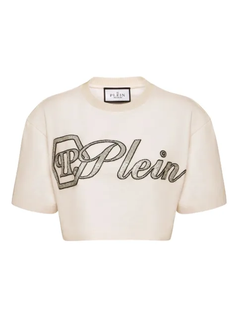 Philipp Plein Crystal Signature cropped T-Shirt White FAECWTK3780PJY002N