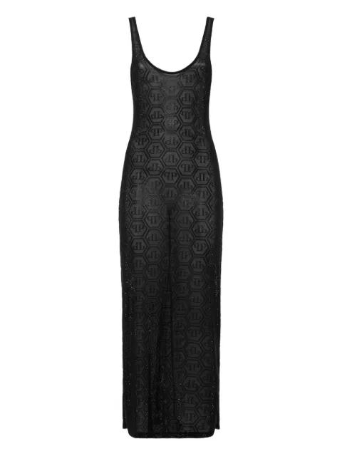 Philipp Plein Tulle Monogram Strass midi dress Black FAECWTG0641PTE003N