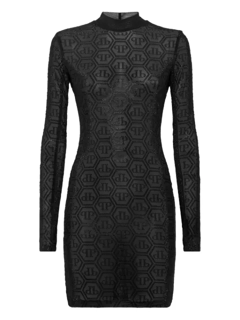 Philipp Plein tulle long-sleeved mini dress monogram strass Black FAECWRG3449PTE003N