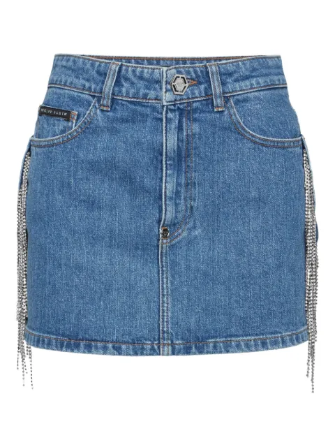 Philipp Plein denim mini skirt crystal fringes Blue FAECWDV0239PDE004N