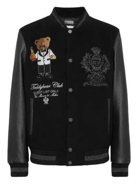 Philipp Plein leather varsity bomber jacket Teddy Stones Black FAECMLB1974PLE010N